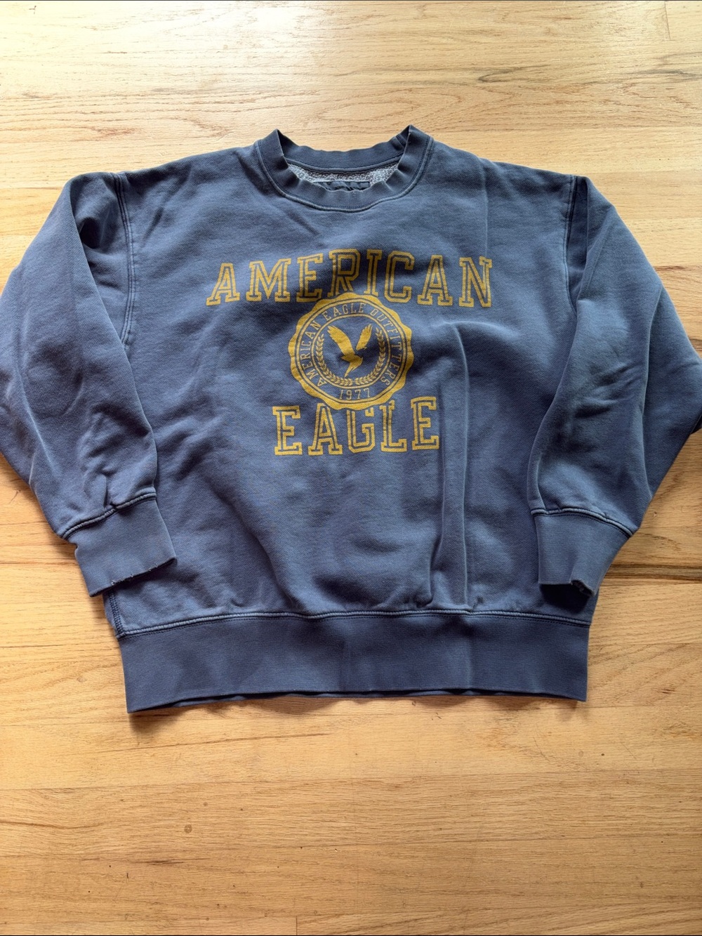 American Eagle Outfitters Slate Blue Crewneck with Yellow Logo